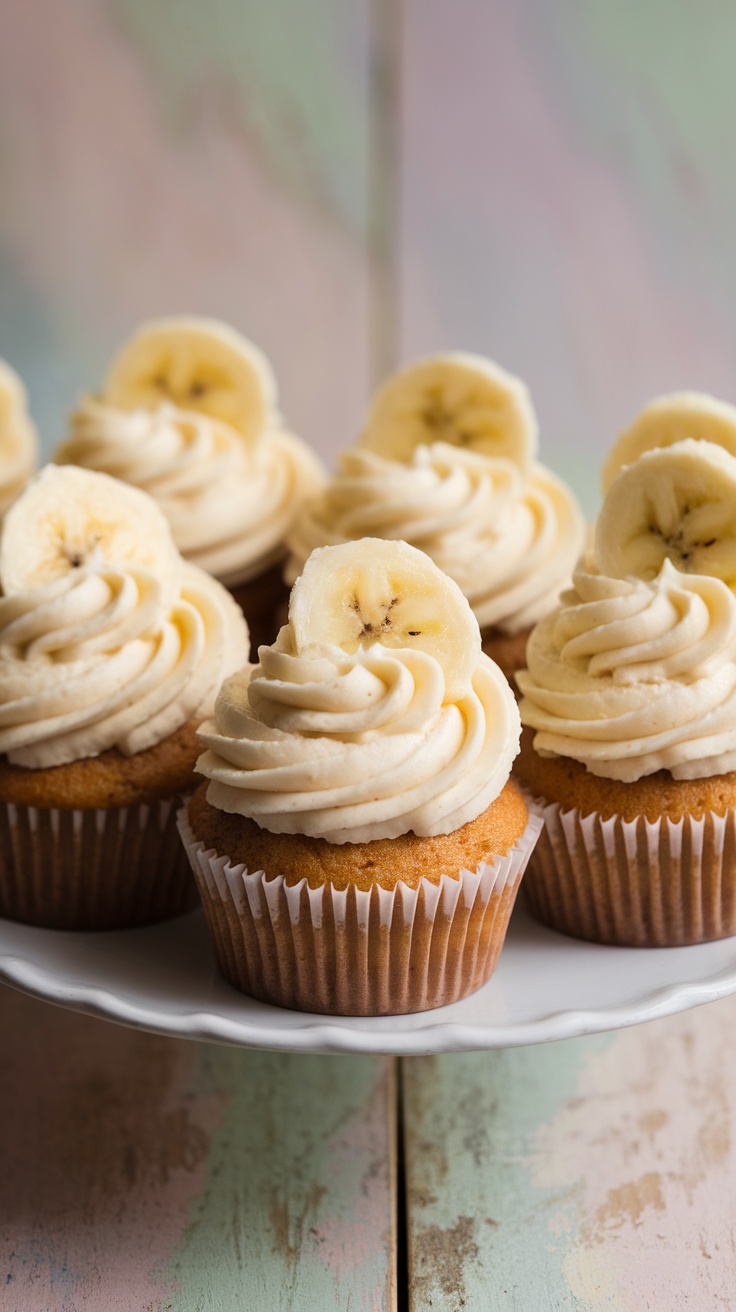 Soft and Fluffy Banana Cupcakes with Cream Cheese Frosting Delicious banana cupcakes with cream cheese frosting on a wooden plate.